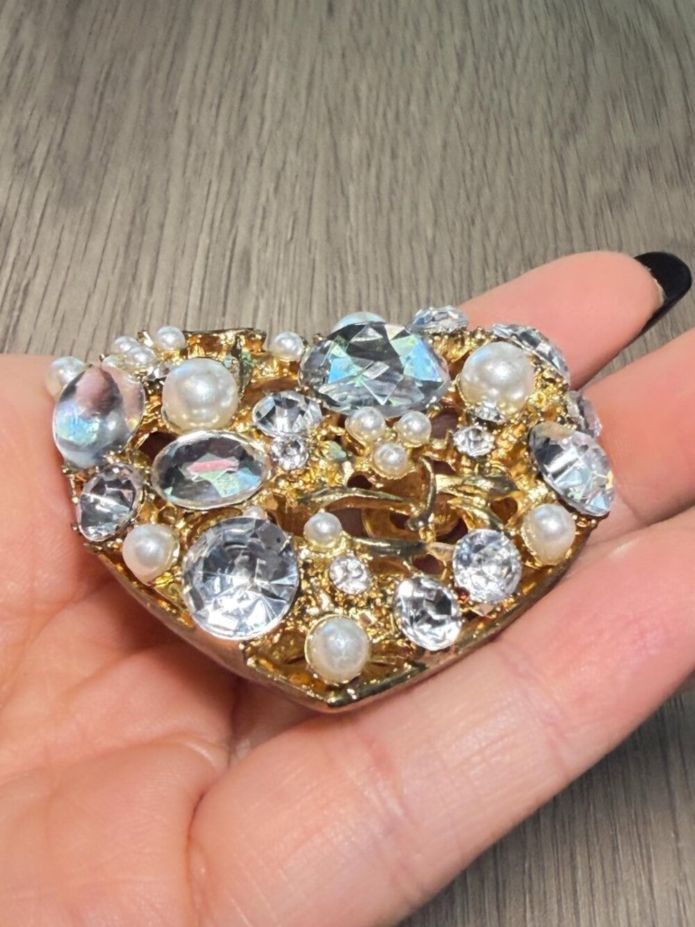 Rhinestone Heart Jewelry Component Faux Pearls Upcycle OOAK - Picture 5 of 9